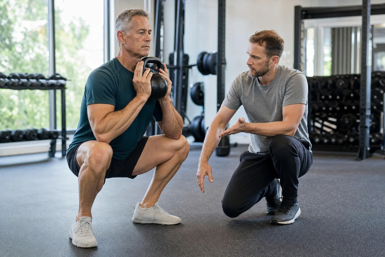 A coach giving a cue to a man in his 50s doing a kettlebell goblet squat in a gym