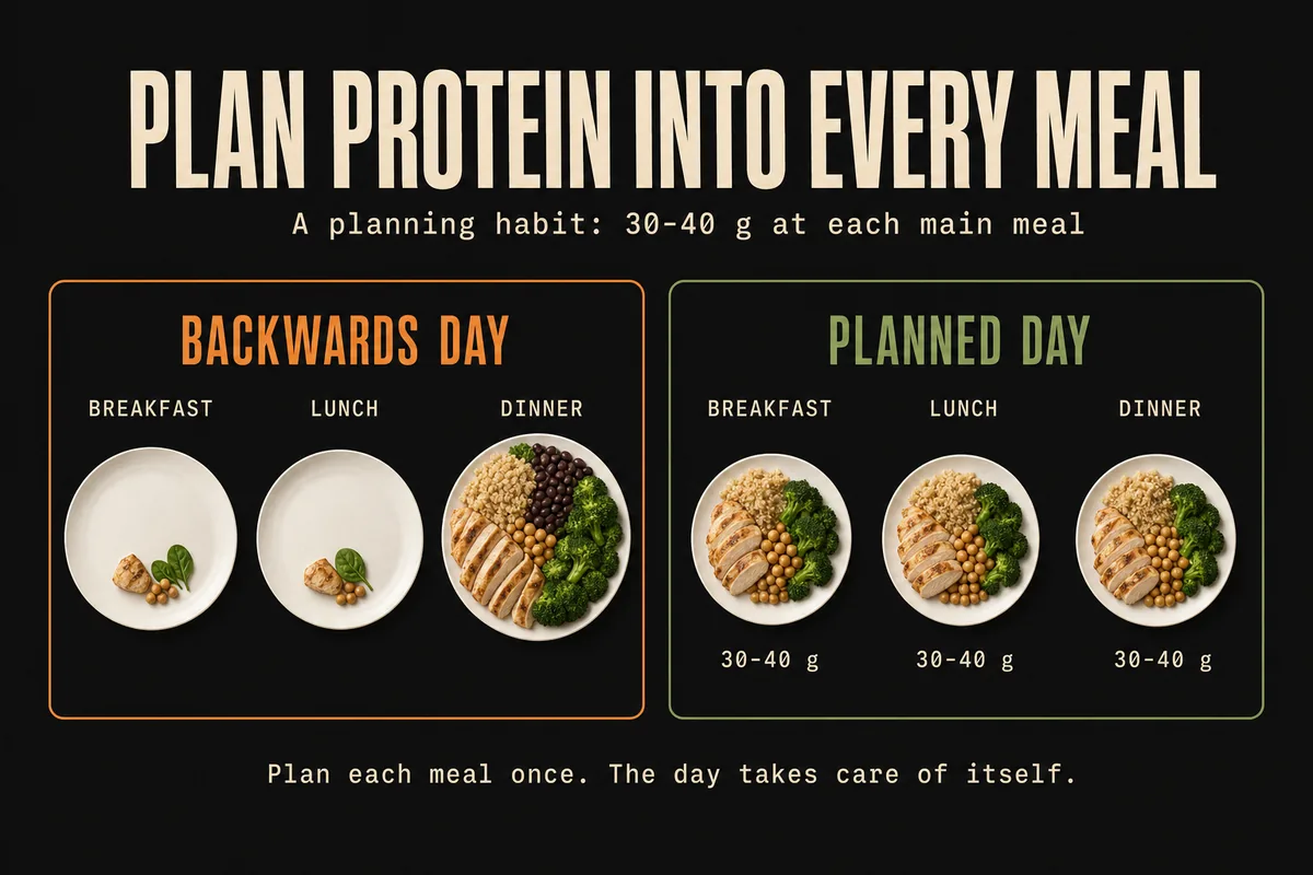 Diagram: a backwards day with protein only at dinner beside a planned day with 30-40 g at breakfast, lunch and dinner